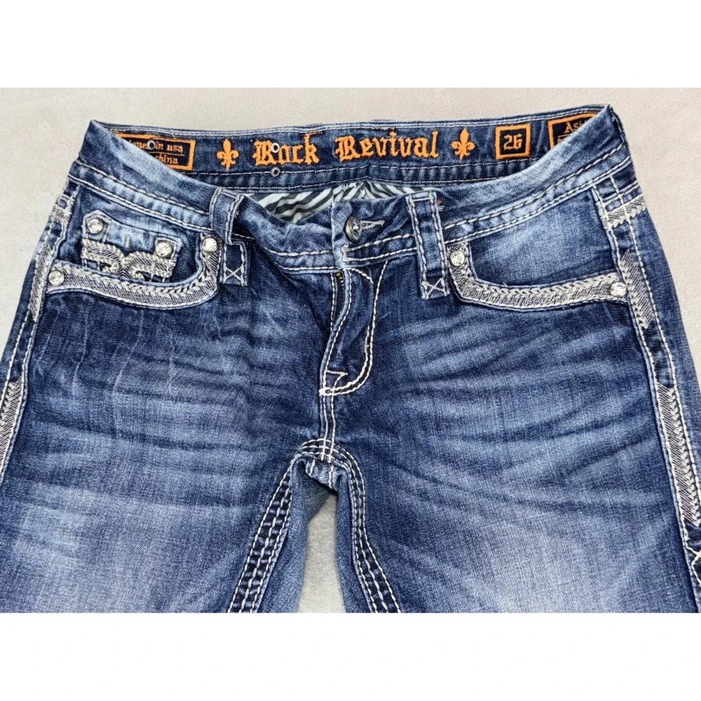 Rock Revival Ashley Straight Easy Jeans 26x22 Blue Embellished Flap Pocket Y2K - Picture 1 of 5